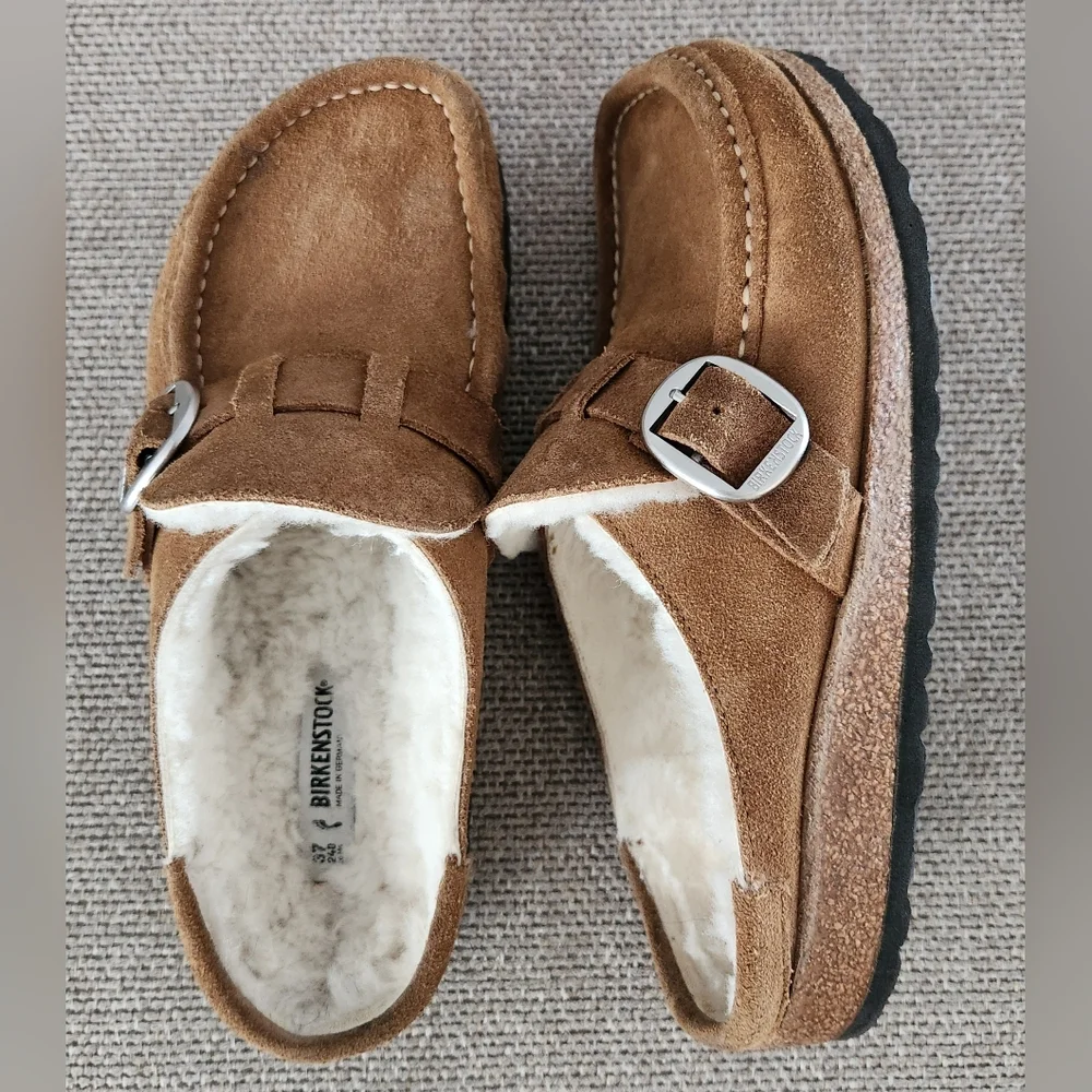 Birkenstock Tan Suede Shearling-Lined Clog Mules with Buckle - Picture 4 of 10